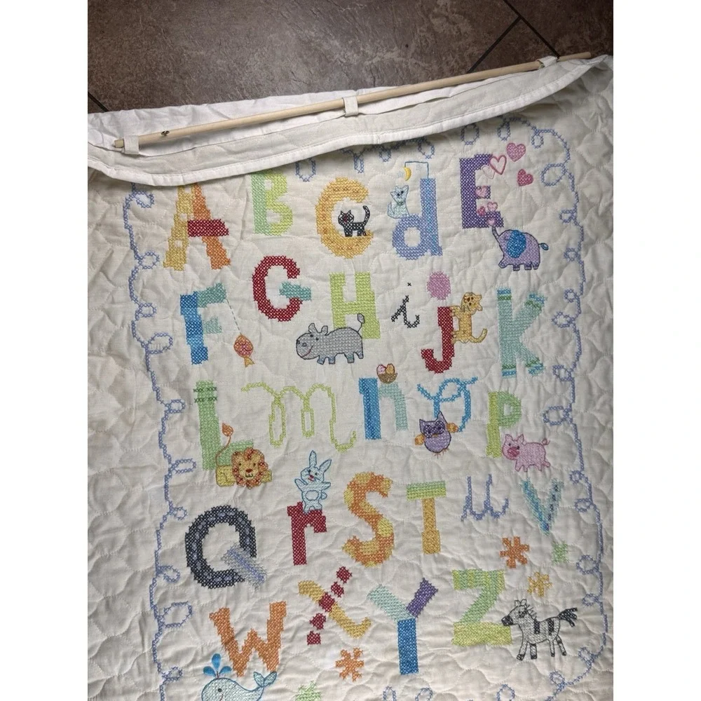 Vintage Hanging Cross Stitch Baby Quilt Alphabet Animals ABC Nursery Blanket